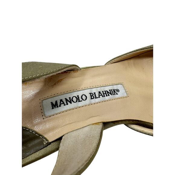 Manolo Blahnik Olive Green Satin Crystal Jeweled Luxury Slingback Heels 39.5 - Picture 6 of 8